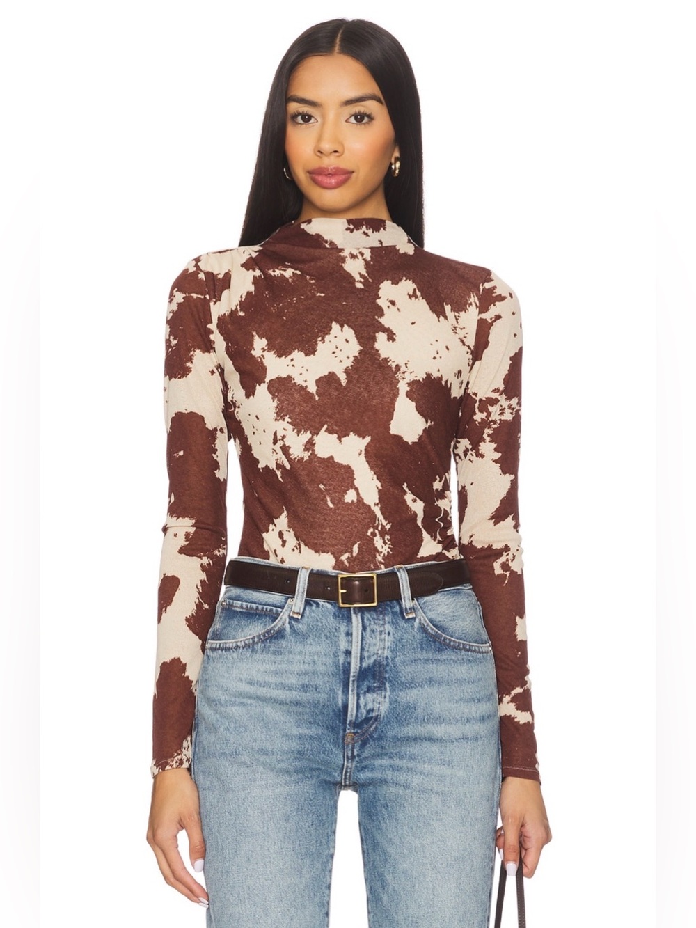 NWT RAILS Joelle Cow Print Ruched Funnel Neck Top - Brown